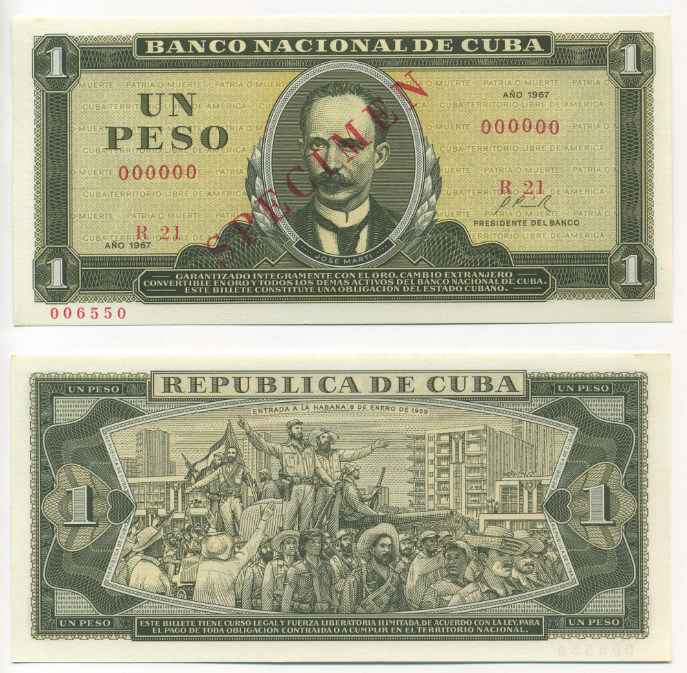 КУБА 1 ПЕСО 1967 SPECIMEN, ДИАГОНАЛЬНАЯ КРАСНАЯ НАДПЕЧАТКА, СЕРИЯ R21, НОМЕР 000000 Pick 102s бумага UNC (ПРЕСС) 00-00-00