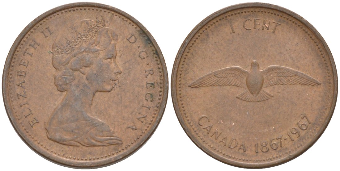 Канада 1 цент 1967 100 лет конфедерации, Елизавета II, второй портрет в короне (1867-1967) KM 65 бронза 188-129