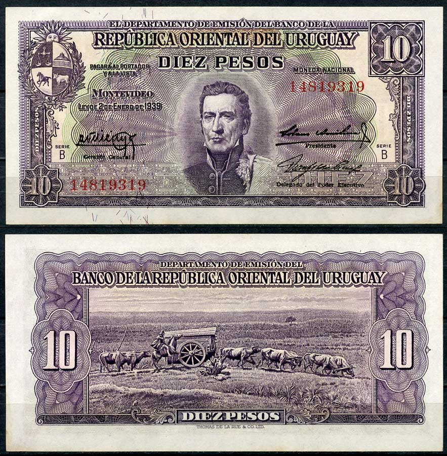 Уругвай 10 песо 1939 Хосе Хервасио Артигас, памятник повозке, Монтевидео, серия B Pick 37 b  бумага  aUNC 451-674-1
