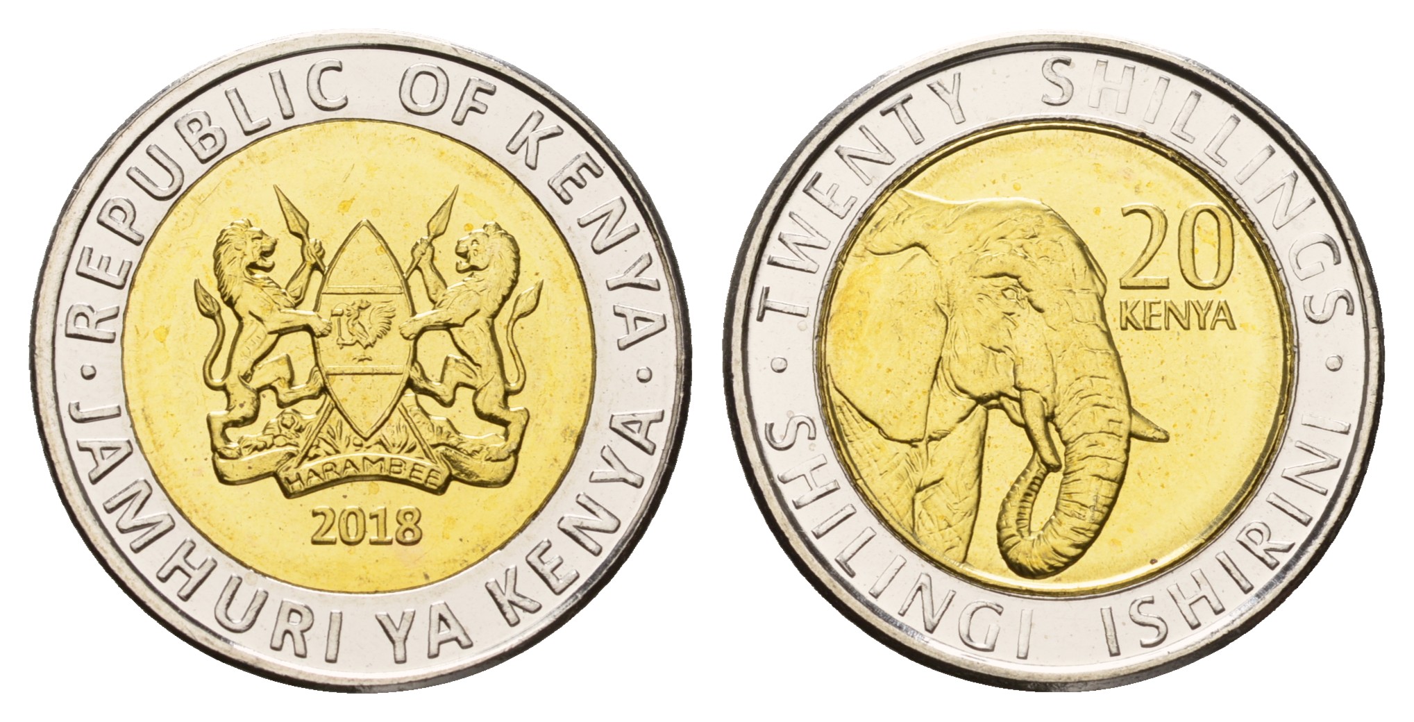 Кения 20 шиллингов 2018 слон KM 48 биметалл  UNC  M71-10