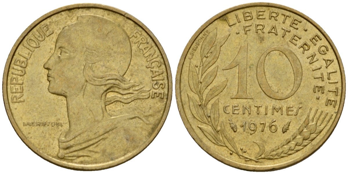 Франция 10 сантимов 1976 тип Marianne KM 929 алюминиевая бронза 4391-136