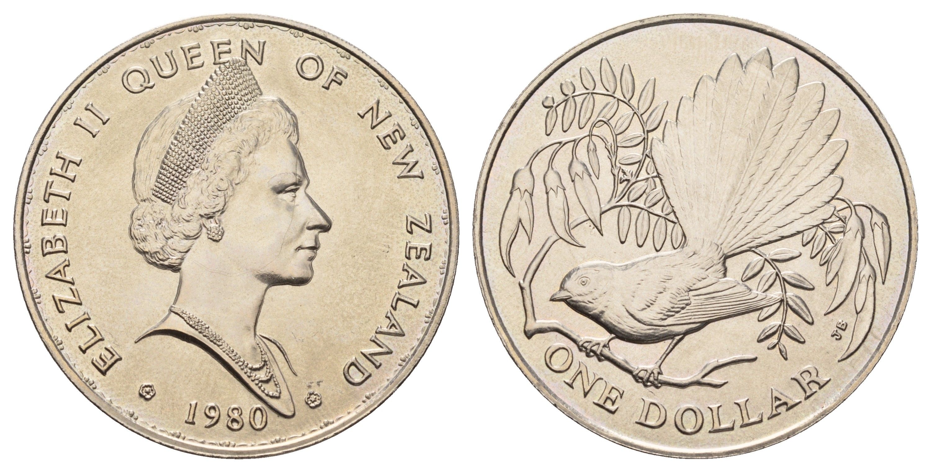 Новая Зеландия 1 доллар 1980 Птицы Новой Зеландии - Веерохвостка KM 49 медно-никель BU 4537-914