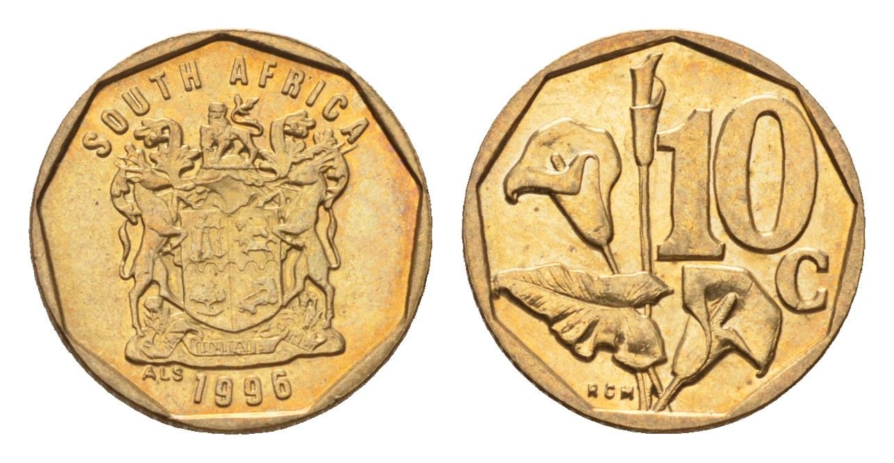 ЮАР 10 центов 1996 герб, цветок алоэ KM 161 сталь плакированная бронзой UNC 4694-725