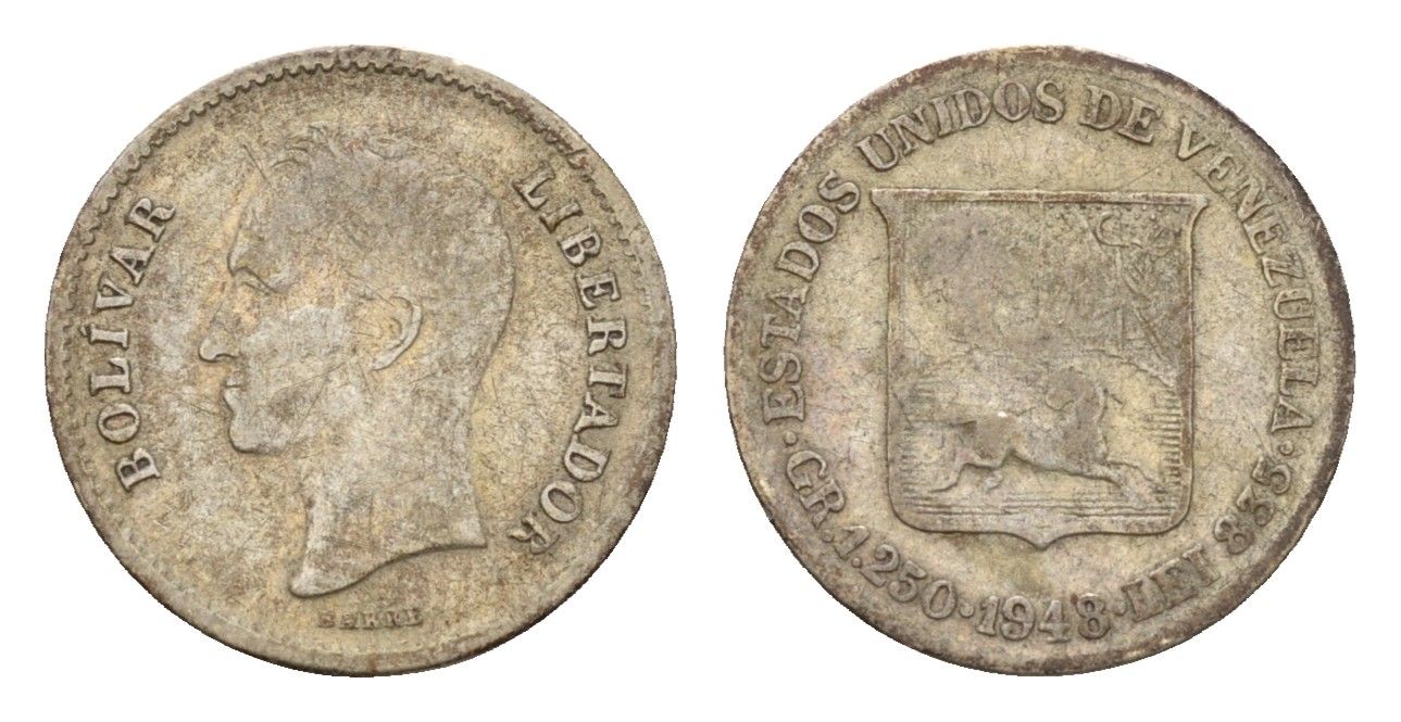 Венесуэла 1/4 боливара 1948 Y 20 серебро 4669-632