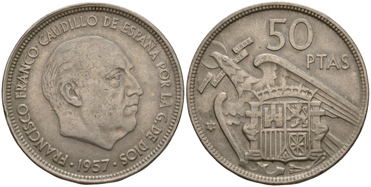 Испания 50 песет 1957 (59) Франсиско Франко (1939-1975) KM 788 медно-никель 4599-112