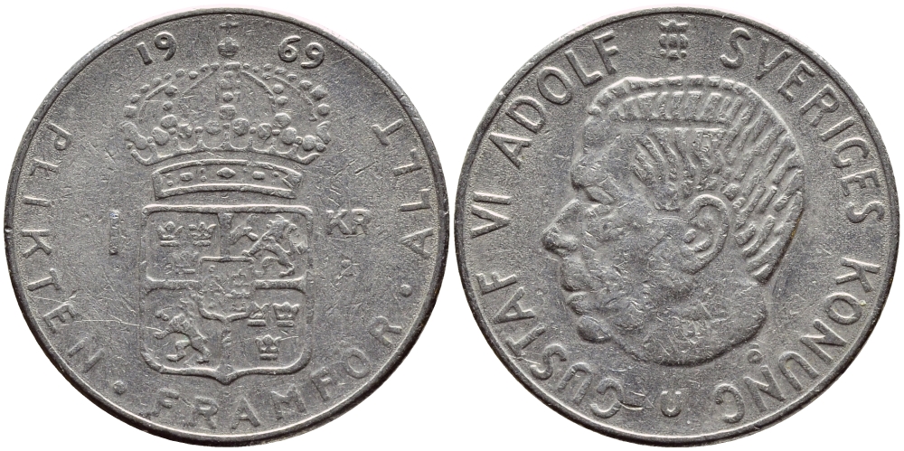 Швеция 1 крона 1969 Густав VI Адольф (1950-1973) KM 826a медь плакированная медно-никелем 4388-632