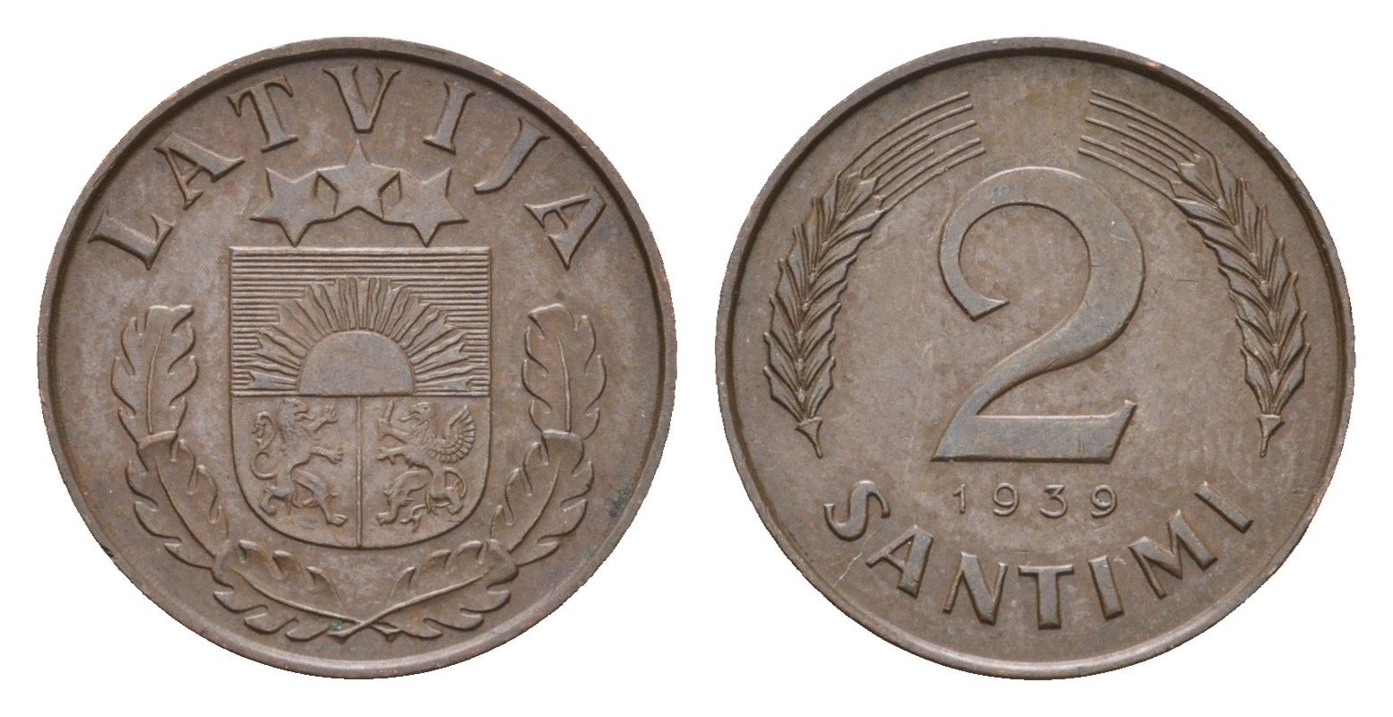 Латвия 2 сантима 1939 KM 11.2 бронза 4679-265