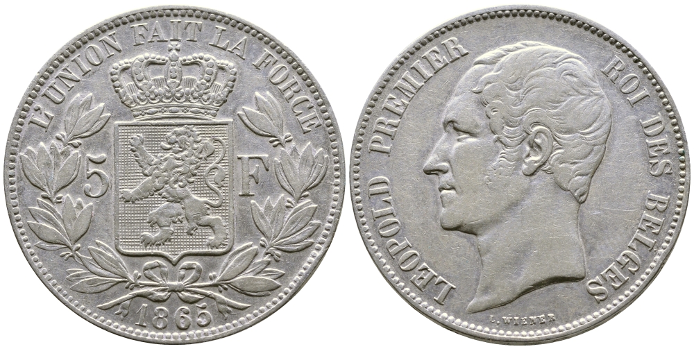 Бельгия 5 франков 1865 Леопольд I (1831-1865) KM 17 серебро 00-1067-6-11