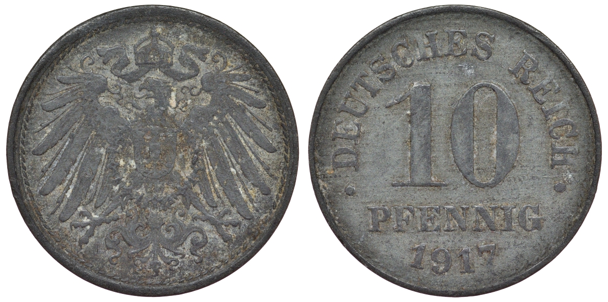 Германия 10 пфеннигов 1917 KM 26, J. 299, Weege 8 цинк 4119-257