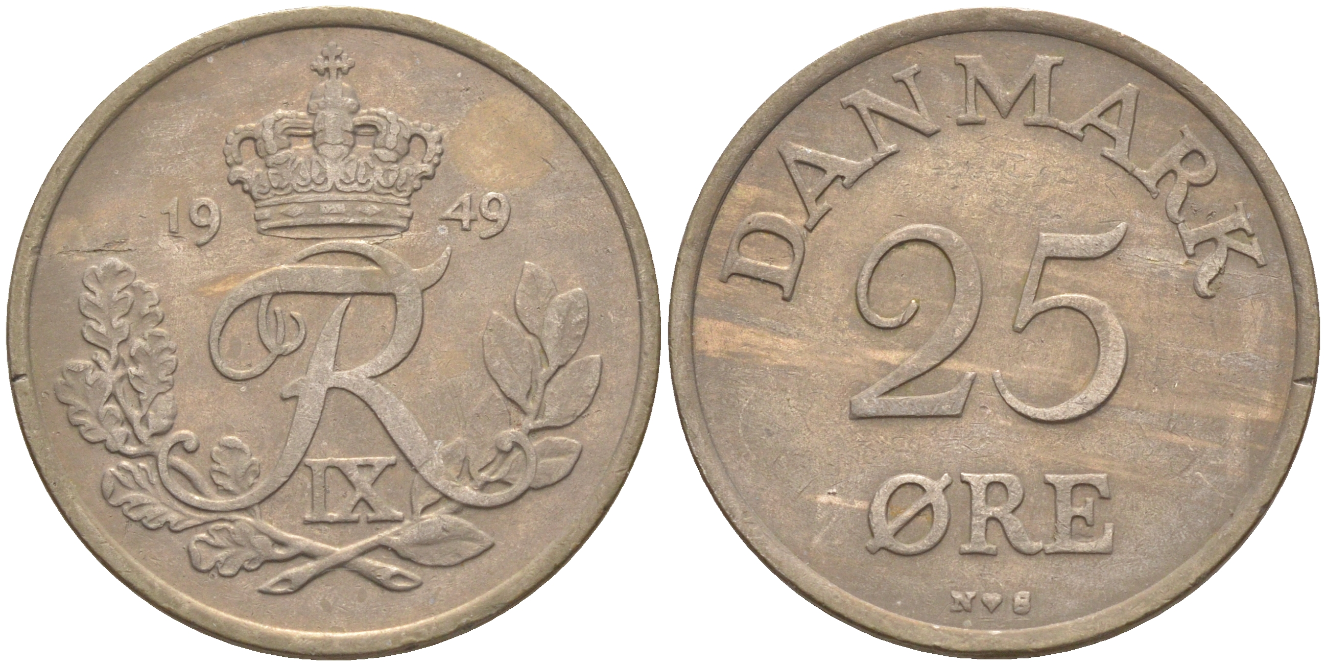 Дания 25 эре 1949 N; S, Фредерик IX (1947-1972) KM 842.1 медно-никель 106-225