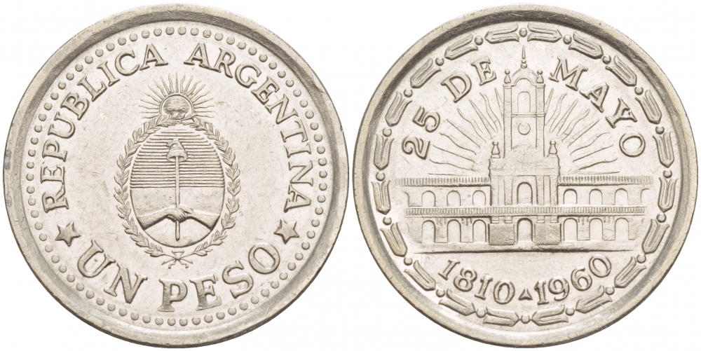 Аргентина 1 песо 1960 150 лет свержения Испанского вице-короля (1810-1960) KM 58 сталь плакированная никелем 4548-344