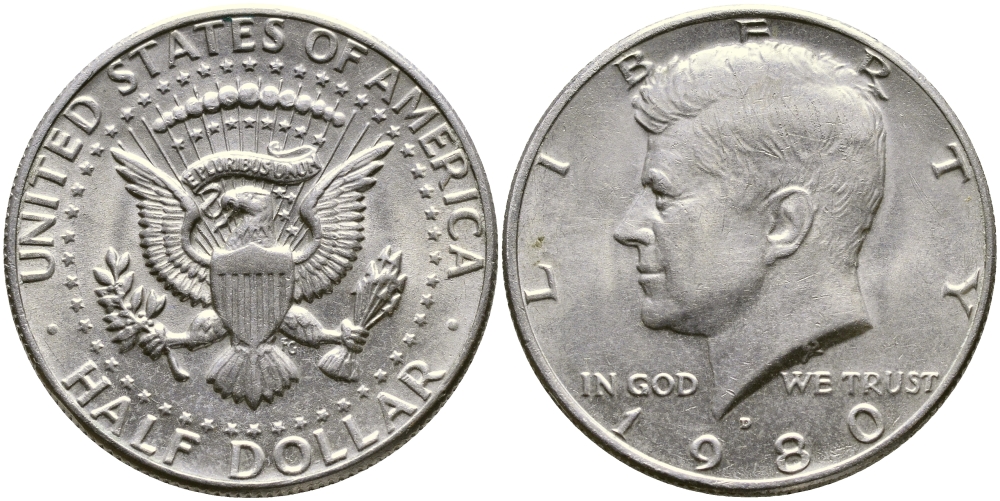 США 1/2 ДОЛЛАРА ( 50 ЦЕНТОВ ) 1980 D, ДЖОН КЕННЕДИ KM А202b медь плакированная медно-никелем 1523-445