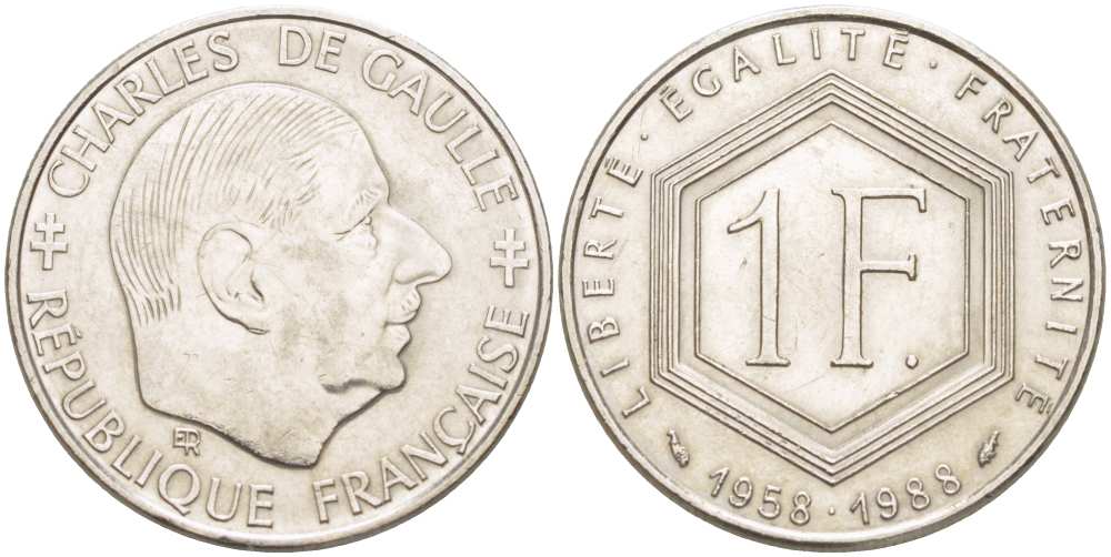 ФРАНЦИЯ 1 ФРАНК 1988 ШАРЛЬ ДЕ ГОЛЬ, 30 ЛЕТ РЕСПУБЛИКЕ KM 943, LE FRANC 227.2 никель 217-245