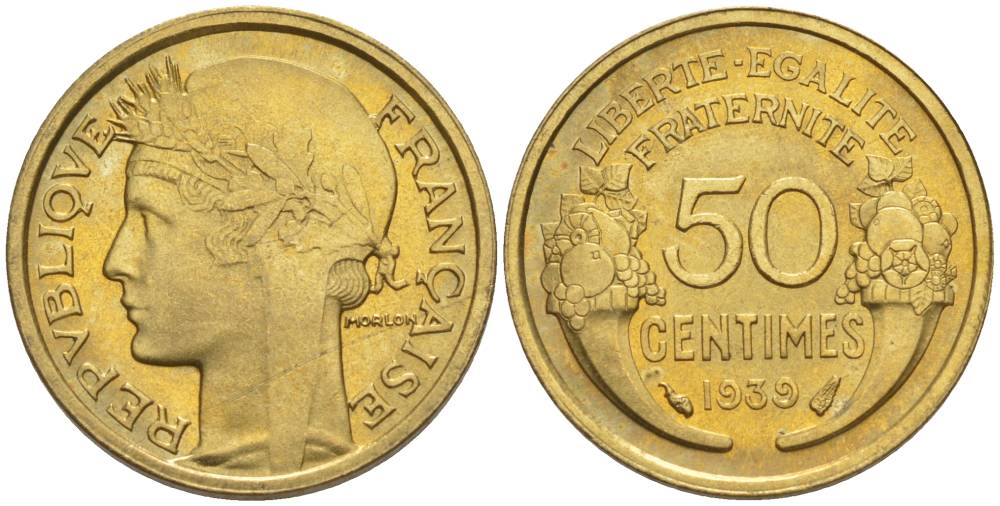 ФРАНЦИЯ 50 САНТИМОВ 1939 ТИП MORLON KM 894.1, LE FRANC 192.15 алюминиевая бронза 44-843