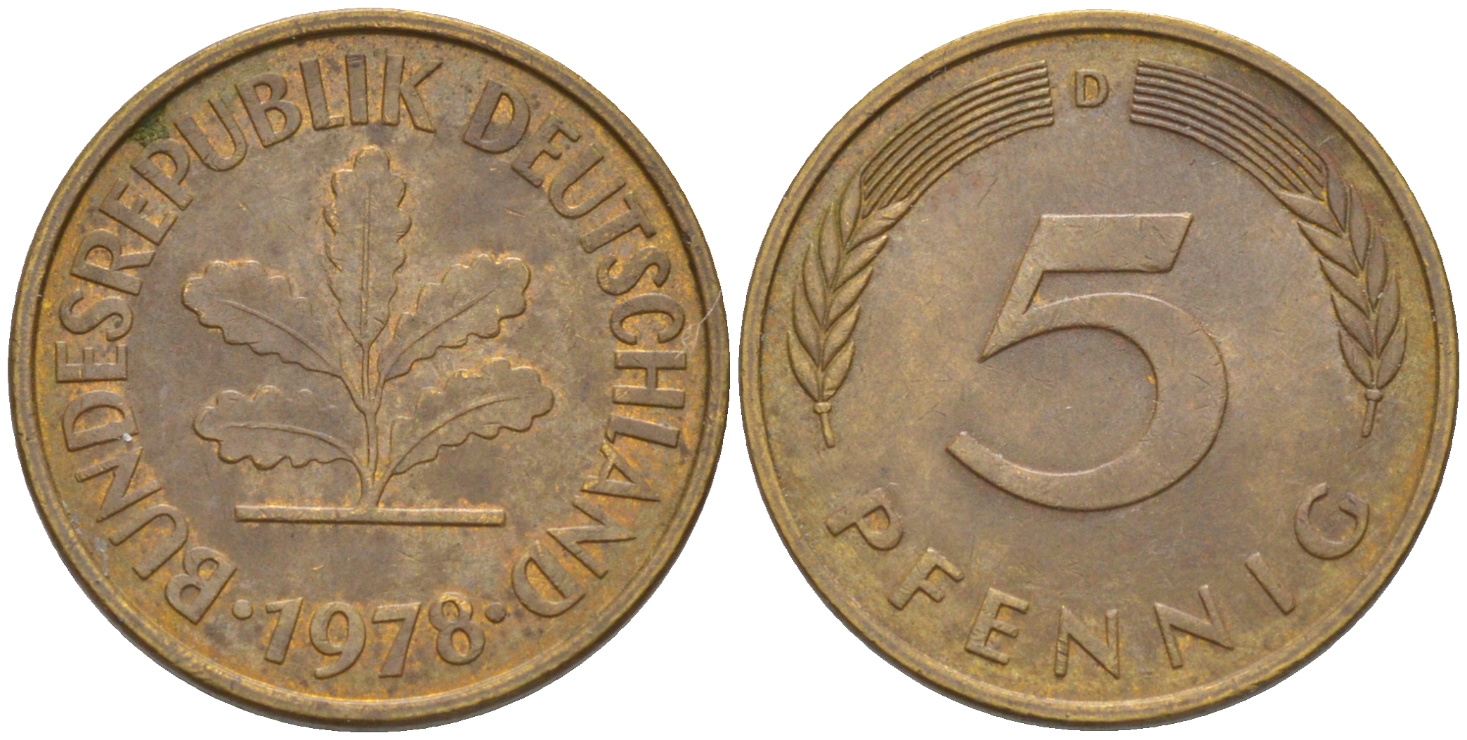 ФРГ 5 пфеннигов 1978 D KM 107, J. 382 сталь плакированная латунью 4514-956