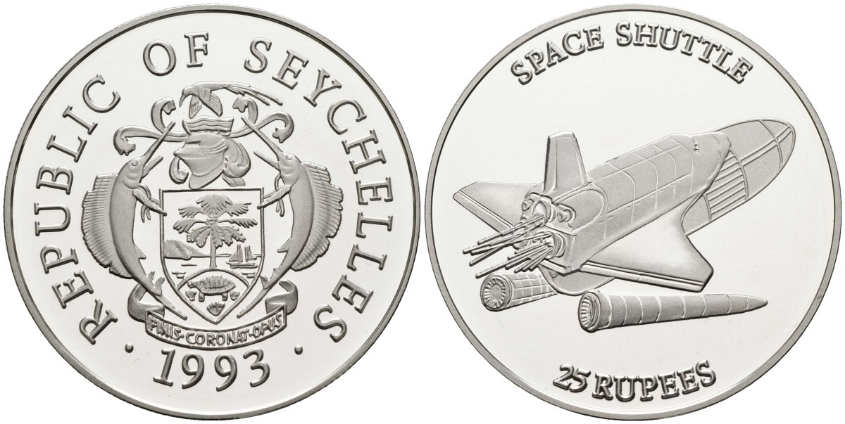 Сейшельские острова 25 рупий 1993 космический корабль, шаттл, тираж 10000 экз. KM 68 серебро PROOF 1095-10-42