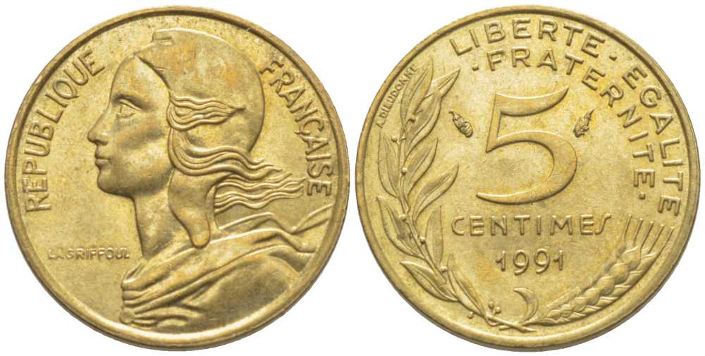 ФРАНЦИЯ 5 САНТИМОВ 1991 ТИП MARIANNE KM 933, LE FRANC 125.27 медь алюминий никель 116-457