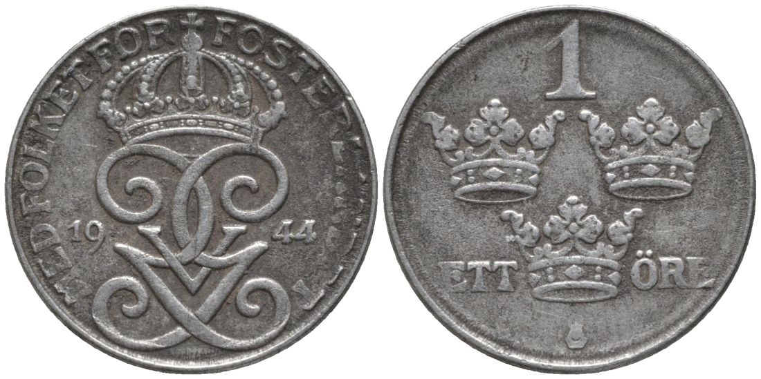 Швеция 1 эре 1944 Густав V (1907-1950) KM 810 железо 188-1253