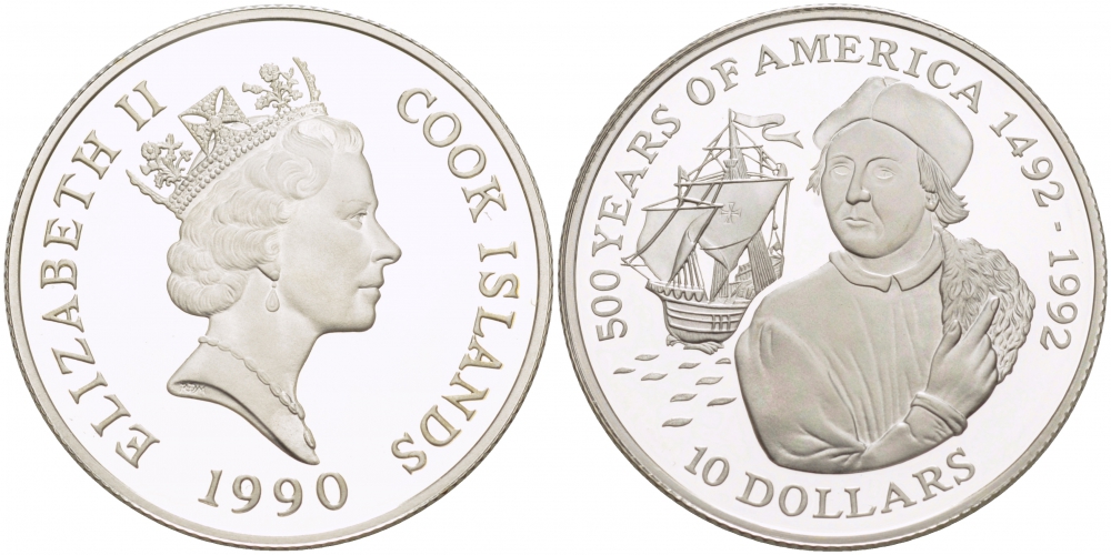 Острова Кука 10 долларов 1990 500 лет открытия Америки, Христофор Колумб KM 121 серебро PROOF 02-227-14