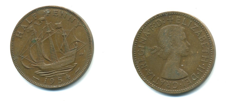 Великобритания 1/2 пенни 1954 Елизавета II (1952-2022) KM 896, Spink 4158 бронза 23-1341
