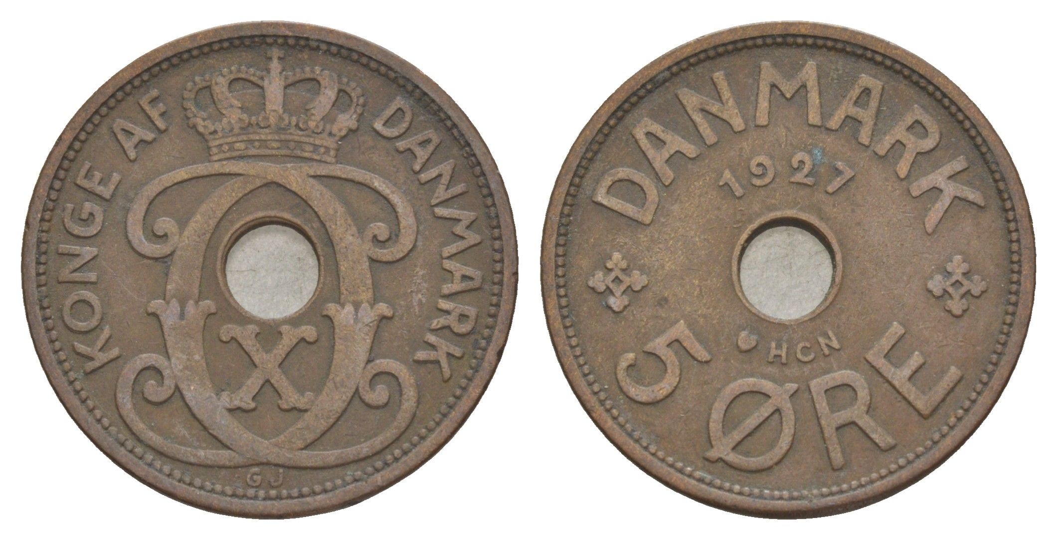 Дания 5 эре 1927 HCN, Кристиан X (1912-1947) KM 828 бронза 4638-551