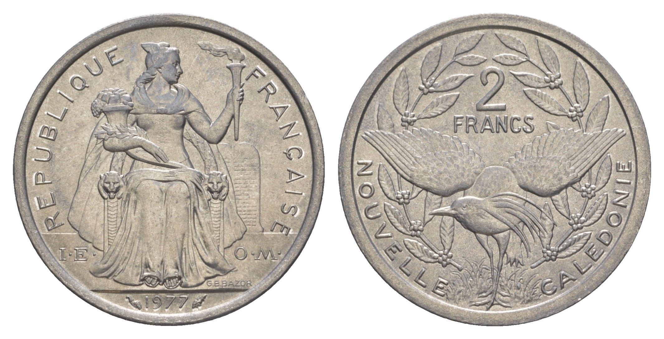 Французская Новая Каледония 2 франка 1977 KM 14 алюминий UNC 4641-134