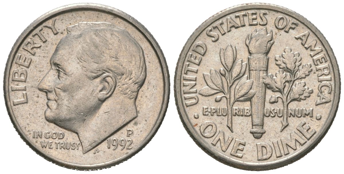 США 1 дайм = 10 центов 1992 P KM 195a медь плакированная медно-никелем 4580-818