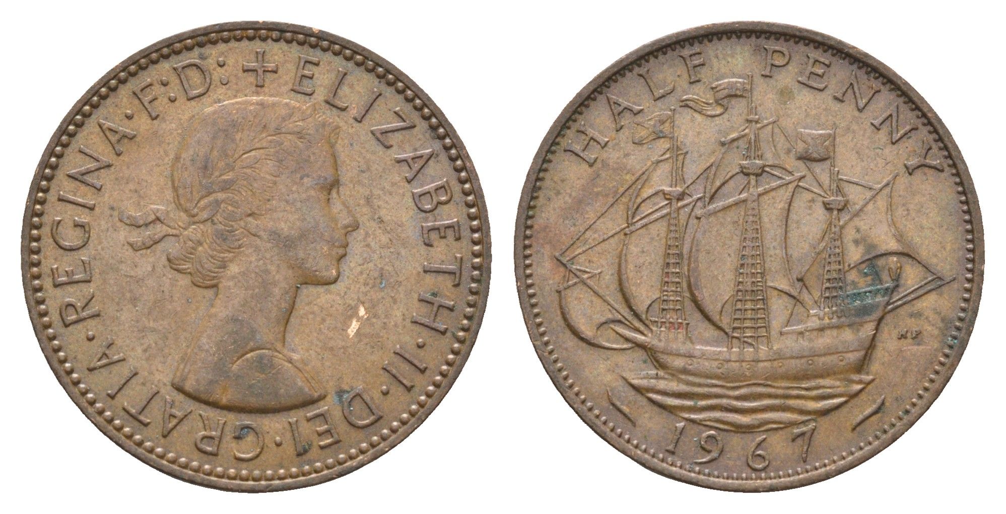 Великобритания 1/2 пенни 1967 Елизавета II (1952-2022) KM 896, Spink 4158 бронза 4663-136