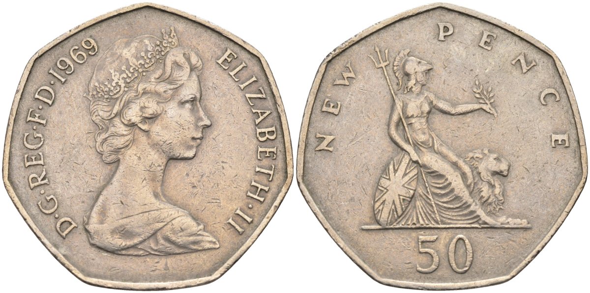 Великобритания 50 пенсов 1969 Елизавета II (1952-2022) KM 913, Spink 4223 (H1) медно-никель 4587-942