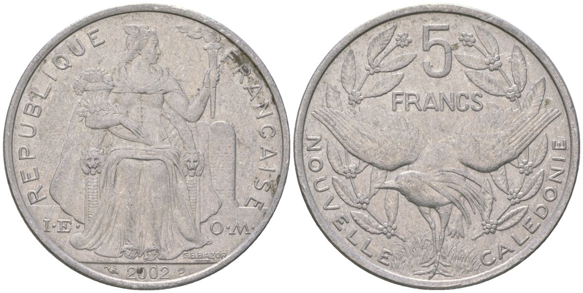 Французская Новая Каледония 5 франков 2002 птица кагу, (IEOM) KM 16, Schoen 12, Lec 81g алюминий 189-623