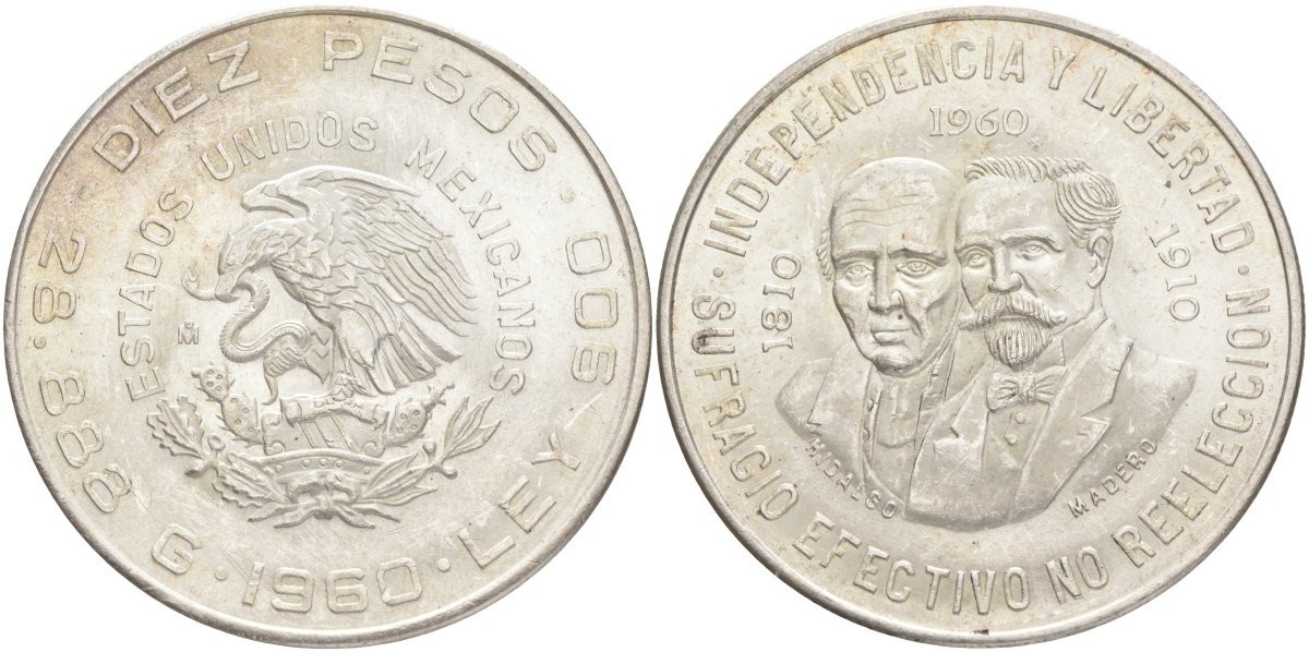 Мексика 10 песо 1960 Мо, 150 лет войне за независимость Мексики, Идальго и Марелос KM 476 серебро 443-1415