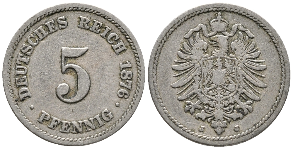 ГЕРМАНИЯ 5 ПФЕННИГОВ 1876 J, СТАРОГЕРБОВКА KM 3, J. 3 медно-никель 39-368