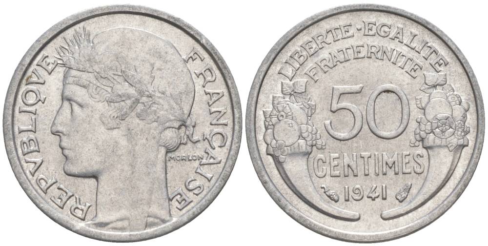 ФРАНЦИЯ 50 САНТИМОВ 1941 ТИП MORLON LOURDE KM 894.1a, LE FRANC 193.2 алюминий 44-264