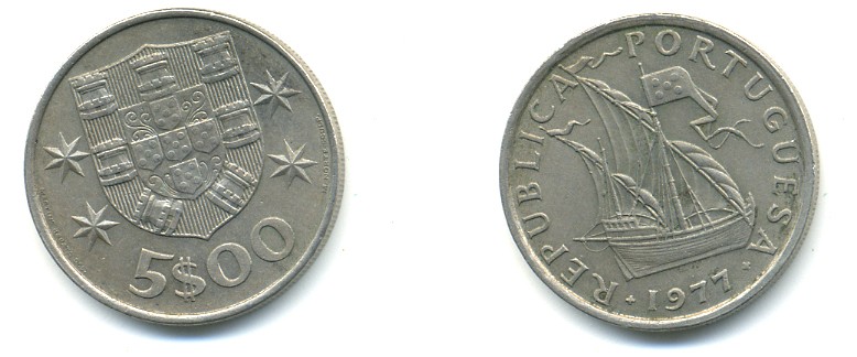 ПОРТУГАЛИЯ 5 ЭСКУДО 1977 ПАРУСНИК KM 591 медно-никель 176-256