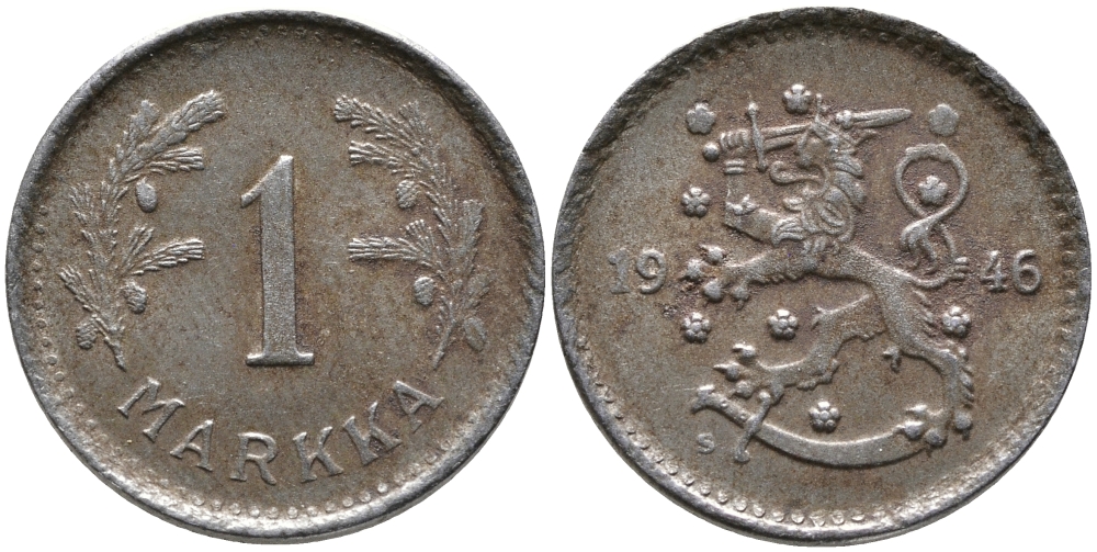 ФИНЛЯНДИЯ 1 МАРКА 1946 S KM 30b железо 3334-645