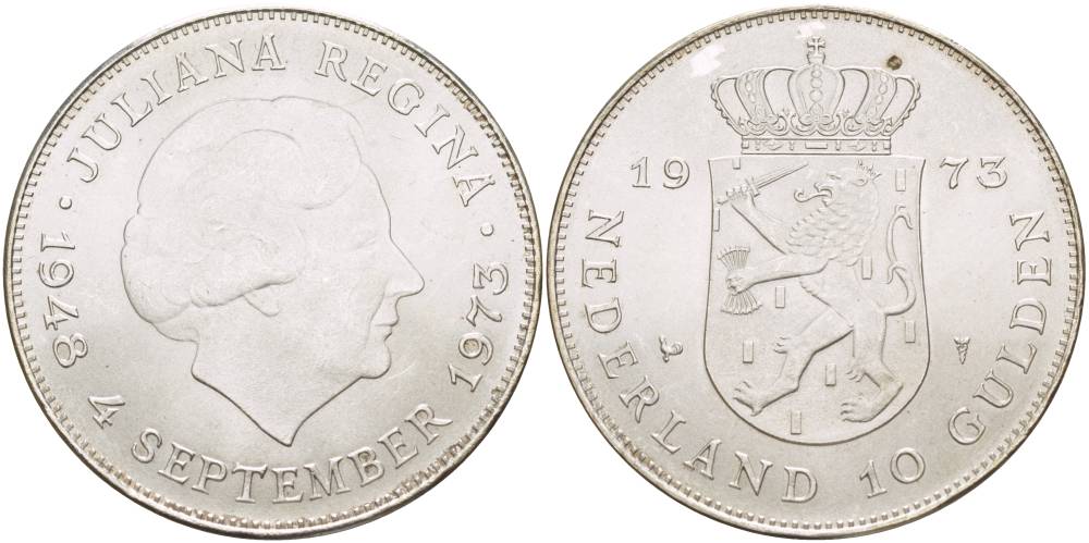 Нидерланды 10 гульденов 1973 25 лет правления королевы Юлианы KM 196 серебро aUNC 4537-624