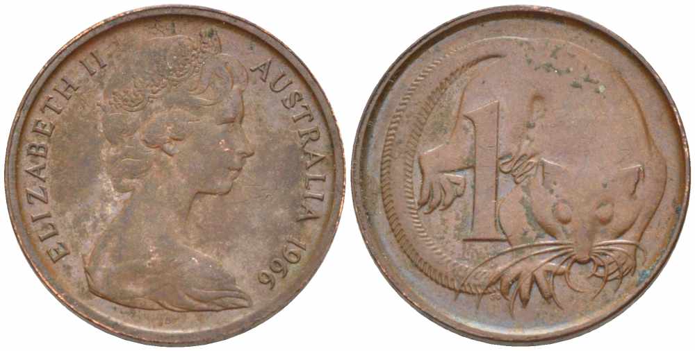 АВСТРАЛИЯ 1 ЦЕНТ 1966 ЕЛИЗАВЕТА II, МОЛОДОЙ ПОРТРЕТ, ОПОССУМ KM 62 бронза 105-715