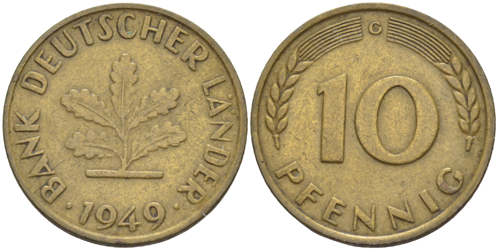 ФРГ 10 ПФЕННИГОВ 1949 G KM 103, J. 378 сталь плакированная латунью 4182-741