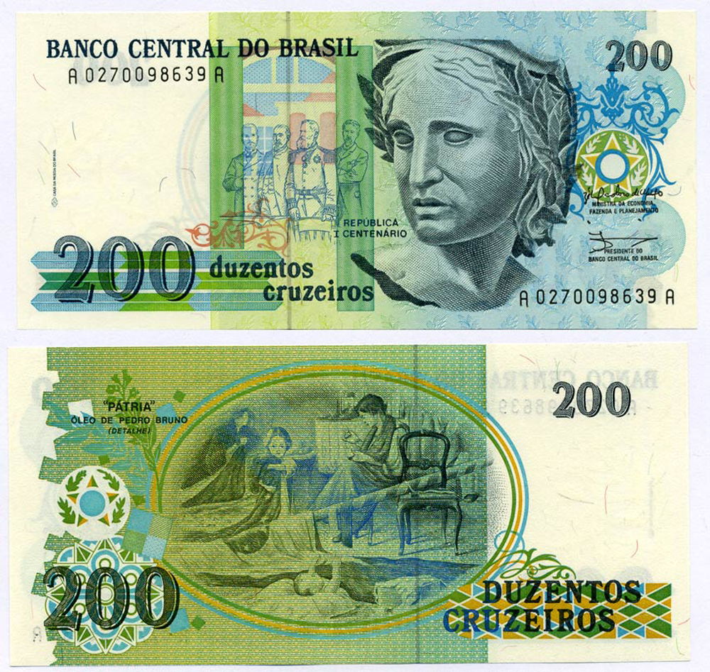 Бразилия 200 крузейро 1990 ПОДПИСЬ 28 Pick 229 бумага UNC (пресс) 8611-38-3-2