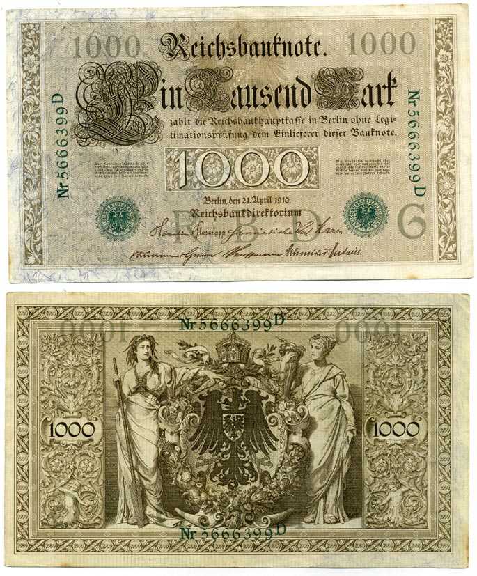 ГЕРМАНИЯ 1000 МАРОК 1910 21 АПРЕЛЯ 1910, ЗЕЛЁНАЯ ПЕЧАТЬ, СЕМИЗНАЧНЫЙ НОМЕР Pick 45b бумага 7375-33-2-2