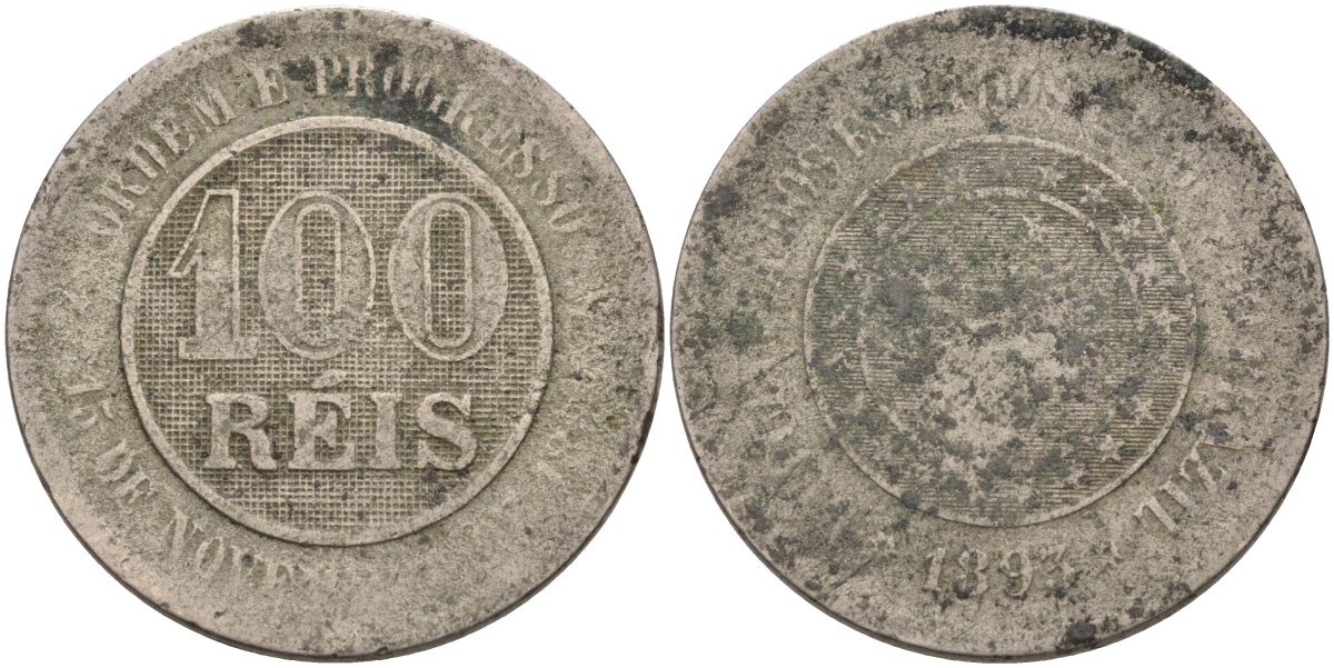 Бразилия 100 рейс 1893 KM 492 медно-никель 4589-1023