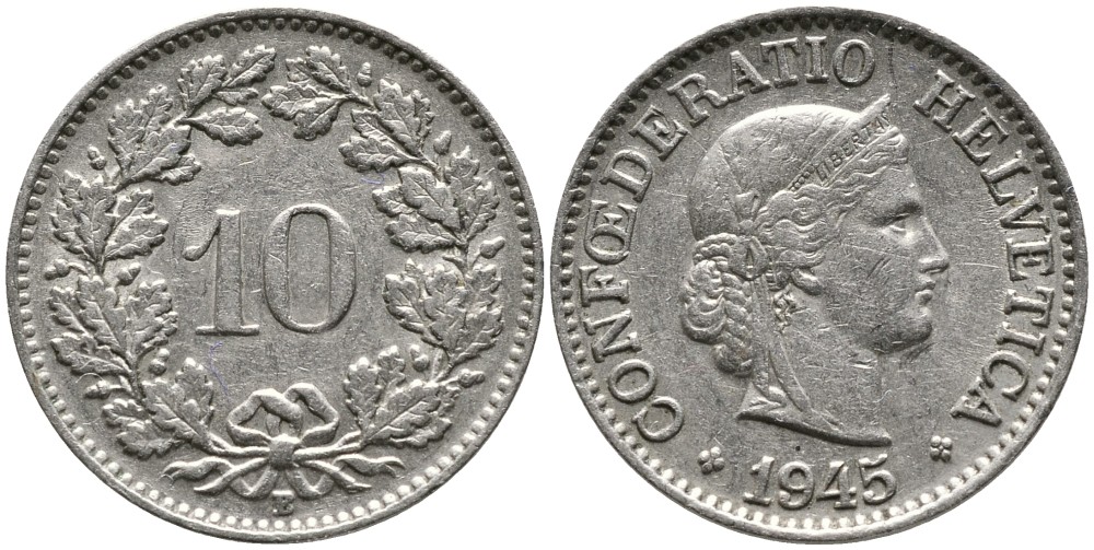 Швейцария 10 раппенов 1945 B KM 27 медно-никель     4539-443