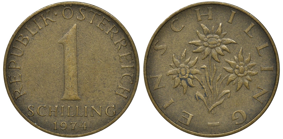 АВСТРИЯ 1 ШИЛЛИНГ 1974 KM 2886 алюминиевая бронза 72-1426