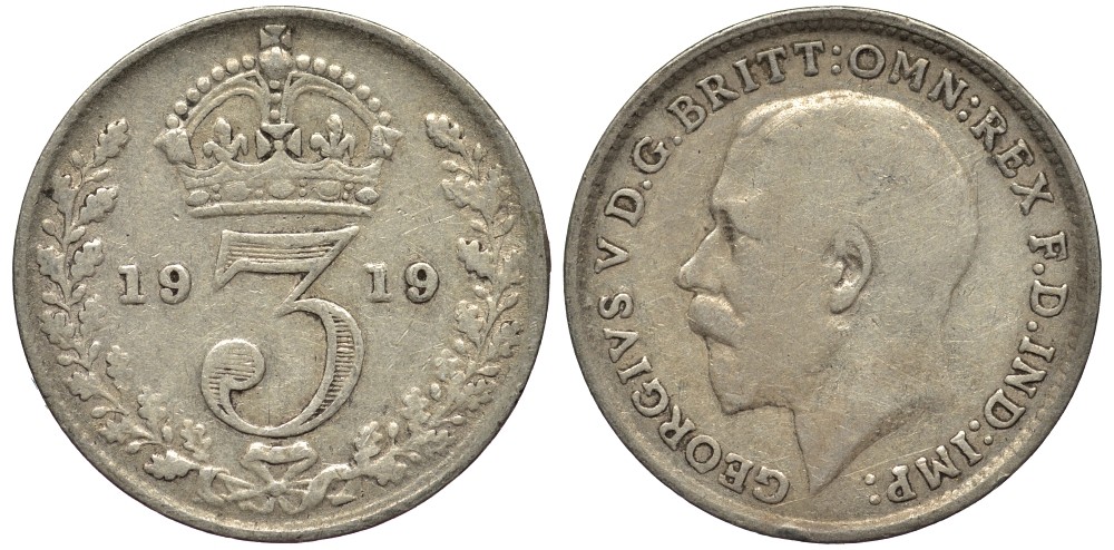 Великобритания 3 пенса 1919 Георг V (1910-1936) KM 813, Spink 4015 серебро 4528-518