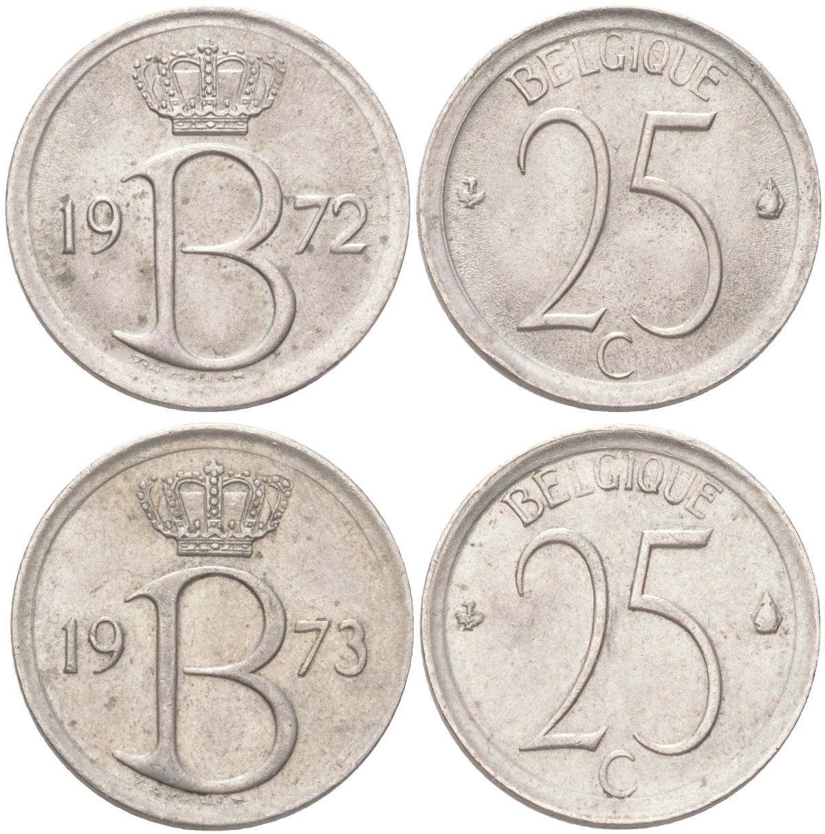 Бельгия набор из 2 монет разных годов (25 сантимов) 1972 и 1973 Belgique, Бодуэн I (1951-1993) KM 153 медно-никель 4611-917