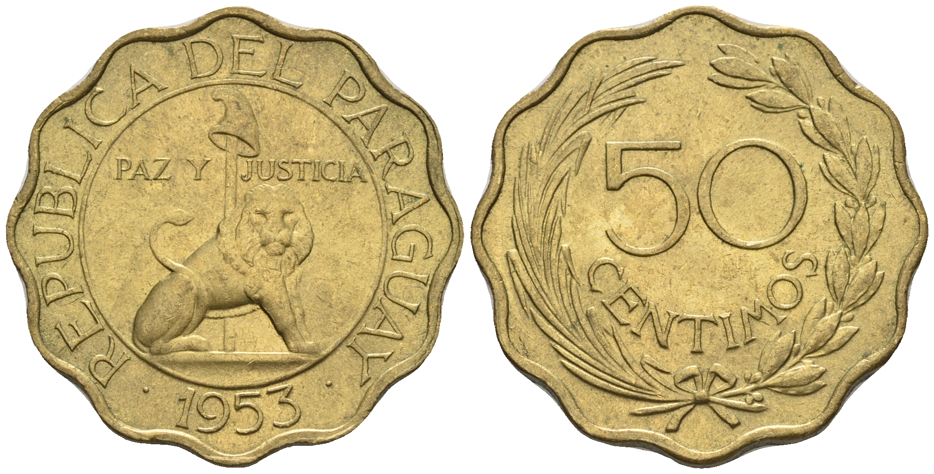 Парагвай 50 сентимо 1953 лев, фригийский колпак на шесте KM 28 алюминиевая бронза  aUNC  4176-832