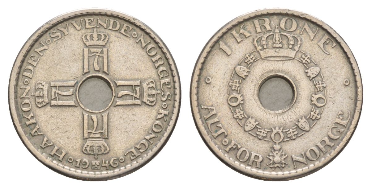 Норвегия 1 крона 1946 Хокон VII (1905-1957) KM 385 медно-никель 4635-625