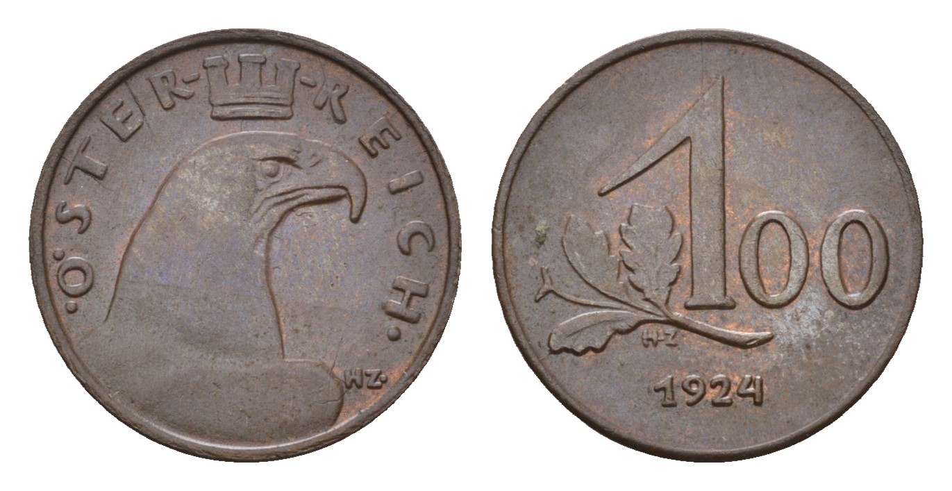 Австрия 100 крон 1924 KM 2832 бронза 4669-653