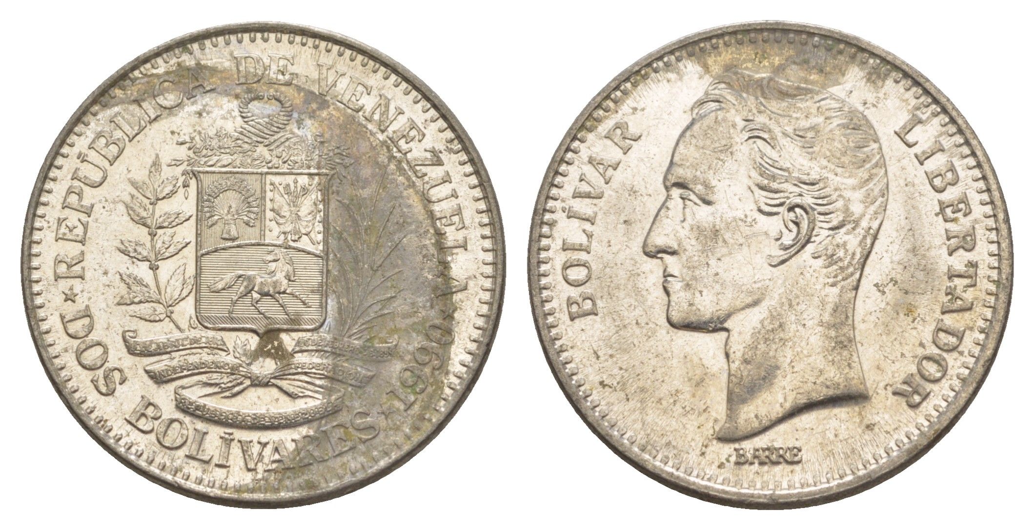 Венесуэла 2 боливара 1990 Симон Боливар Y 43a сталь плакированная никелем 4583-615