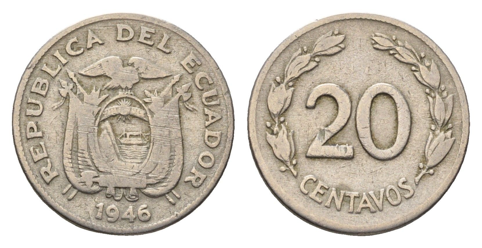 Эквадор 20 сентаво 1946 год-тип KM 77.1b медно-никель 4697-358